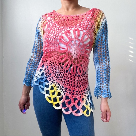 Boston Proper Crochet Knit Tie Dye Asymmetric Top - Picture 2 of 11